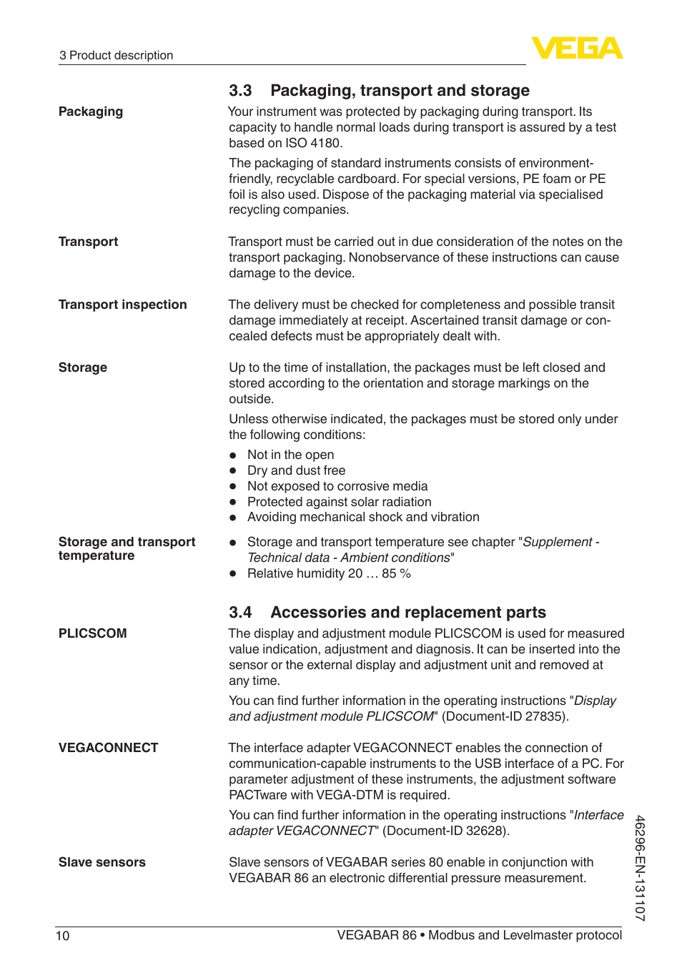3 packaging, transport and storage, 4 accessories and replacement parts | VEGA VEGABAR 86 Modbus and Levelmaster protocol - Operating Instructions User Manual | Page 10 / 88