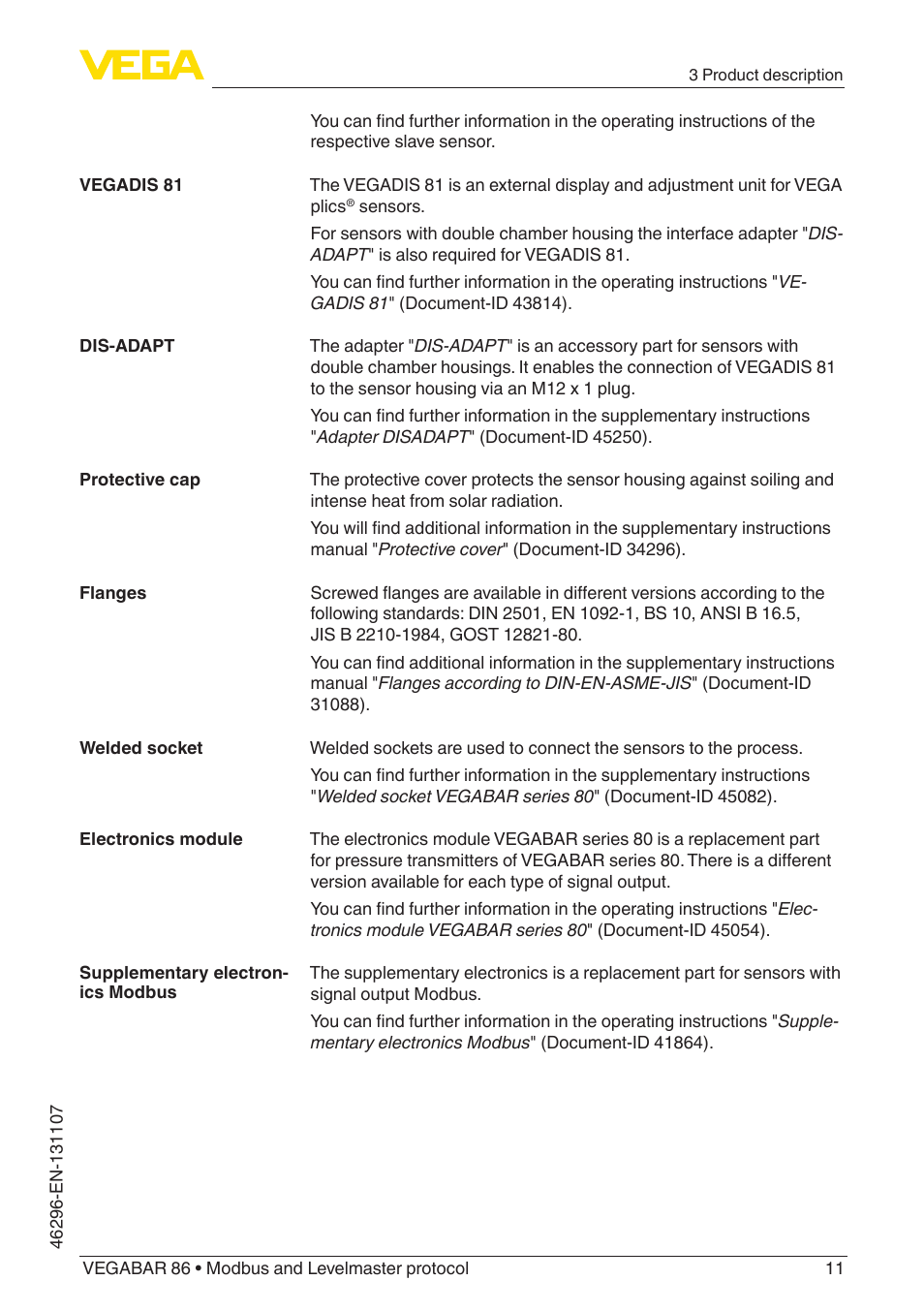 VEGA VEGABAR 86 Modbus and Levelmaster protocol - Operating Instructions User Manual | Page 11 / 88