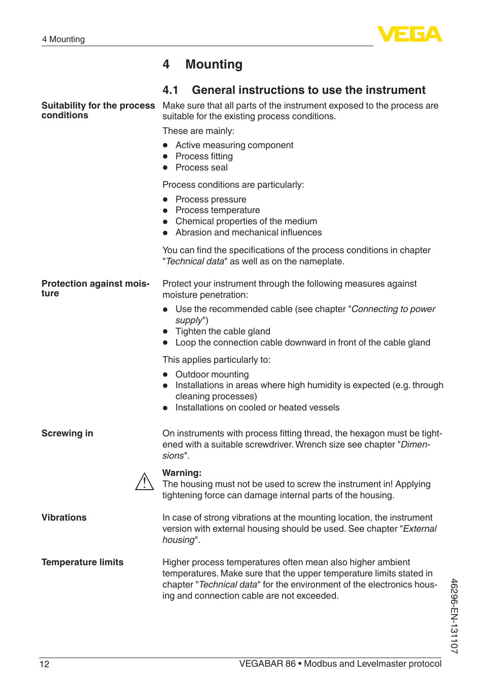 4 mounting, 1 general instructions to use the instrument | VEGA VEGABAR 86 Modbus and Levelmaster protocol - Operating Instructions User Manual | Page 12 / 88