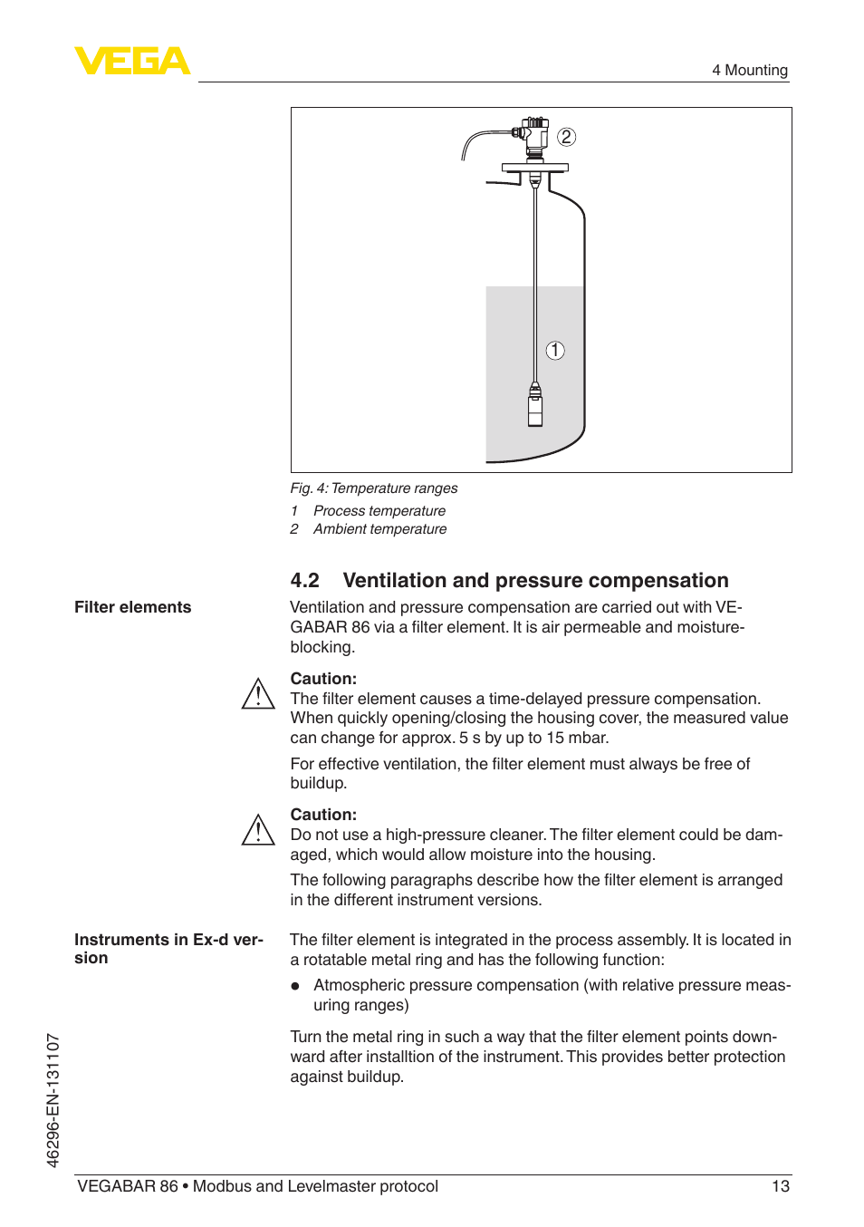 2 ventilation and pressure compensation | VEGA VEGABAR 86 Modbus and Levelmaster protocol - Operating Instructions User Manual | Page 13 / 88