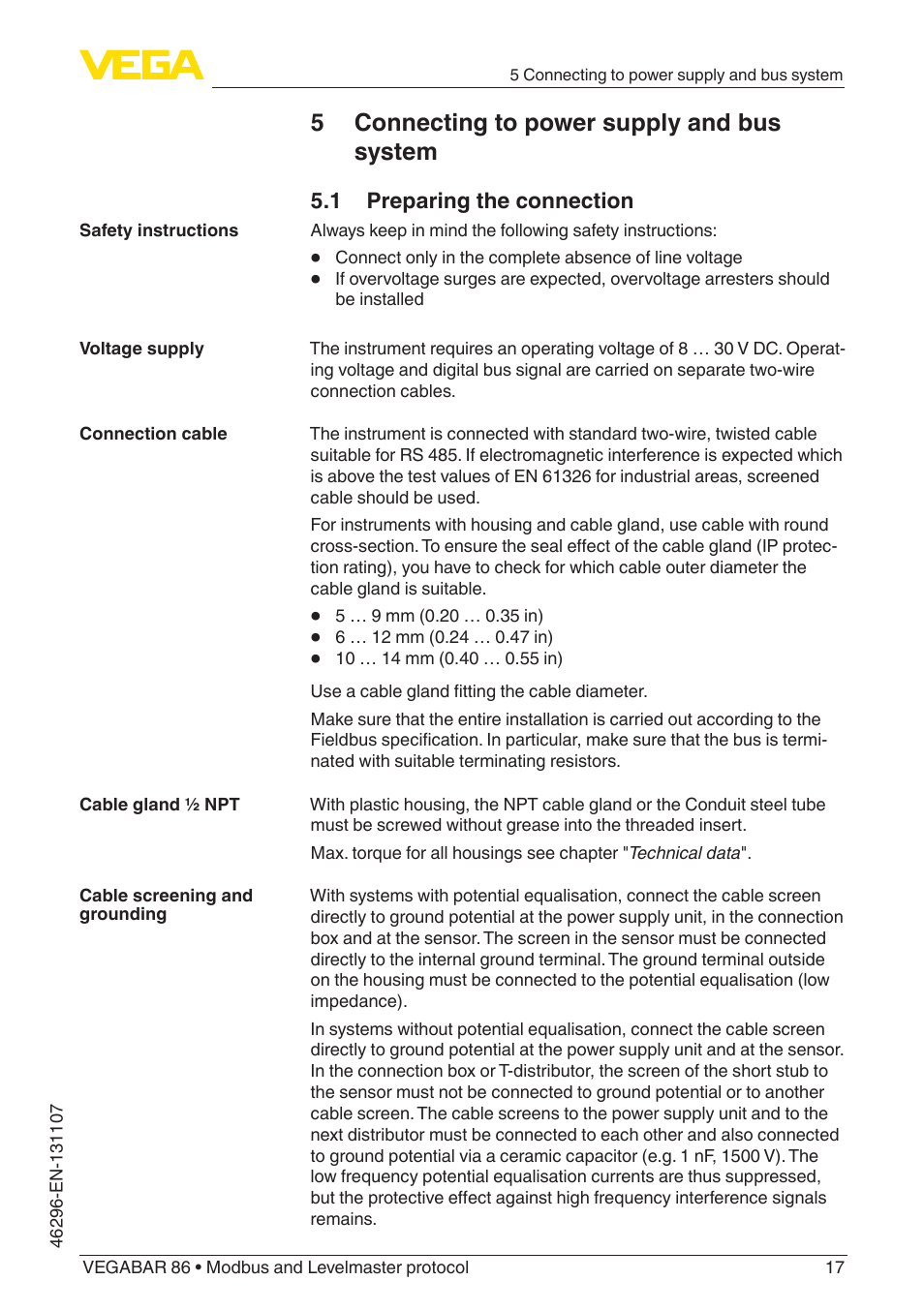 5 connecting to power supply and bus system, 1 preparing the connection | VEGA VEGABAR 86 Modbus and Levelmaster protocol - Operating Instructions User Manual | Page 17 / 88