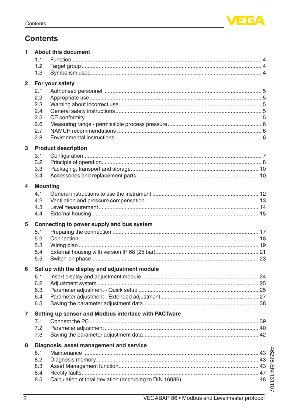 VEGA VEGABAR 86 Modbus and Levelmaster protocol - Operating Instructions User Manual | Page 2 / 88