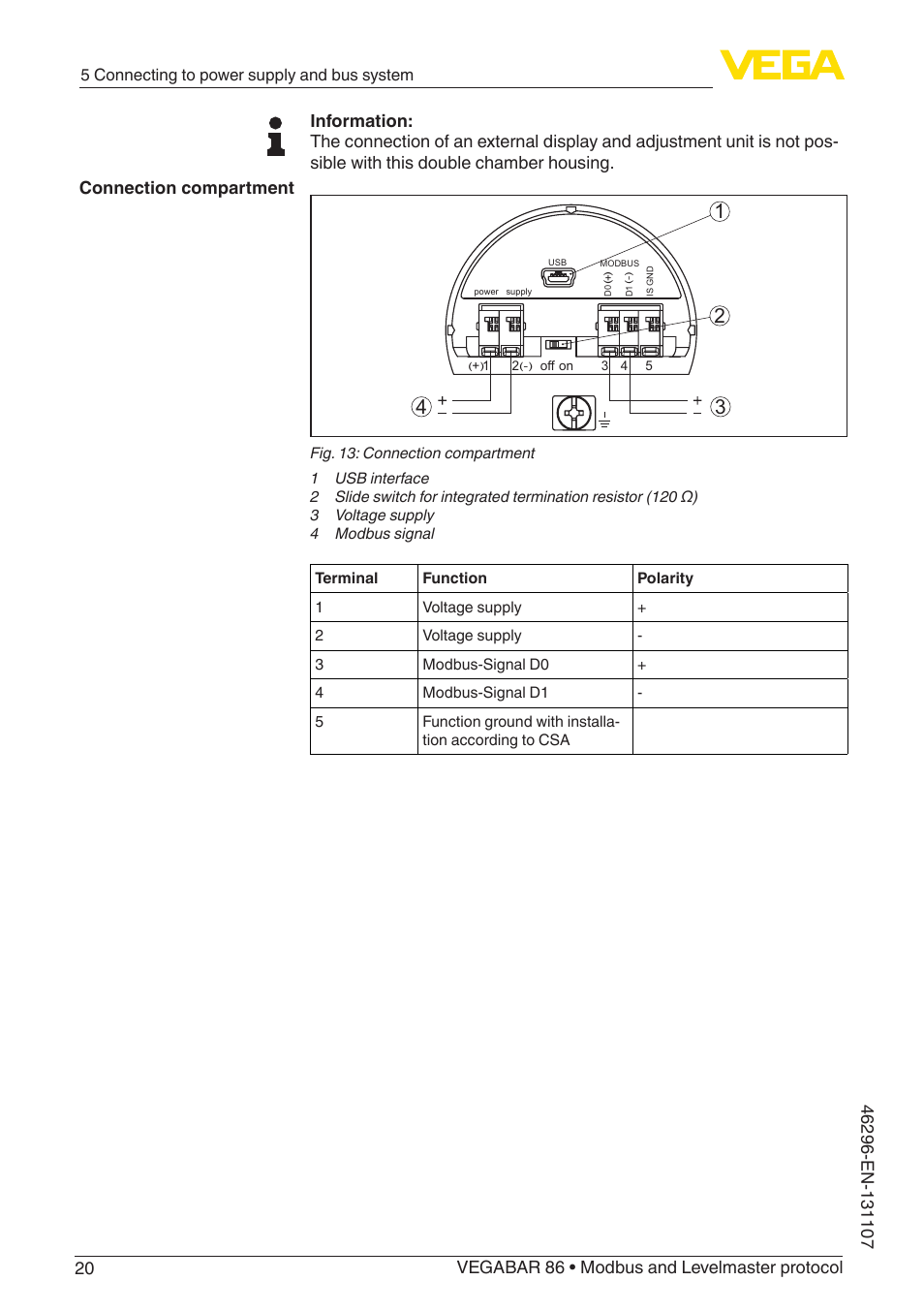 Connection compartment | VEGA VEGABAR 86 Modbus and Levelmaster protocol - Operating Instructions User Manual | Page 20 / 88