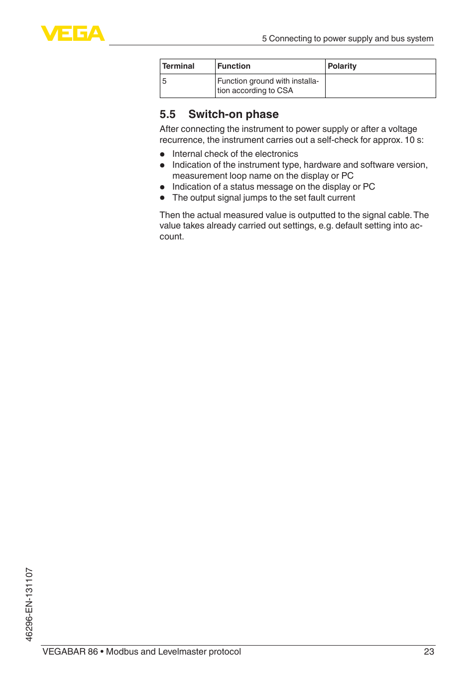 5 switch-on phase | VEGA VEGABAR 86 Modbus and Levelmaster protocol - Operating Instructions User Manual | Page 23 / 88