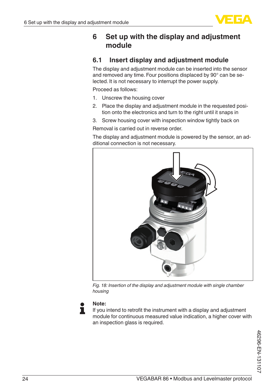 6 set up with the display and adjustment module, 1 insert display and adjustment module | VEGA VEGABAR 86 Modbus and Levelmaster protocol - Operating Instructions User Manual | Page 24 / 88