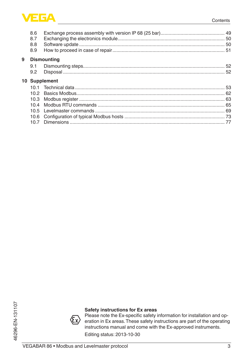 VEGA VEGABAR 86 Modbus and Levelmaster protocol - Operating Instructions User Manual | Page 3 / 88