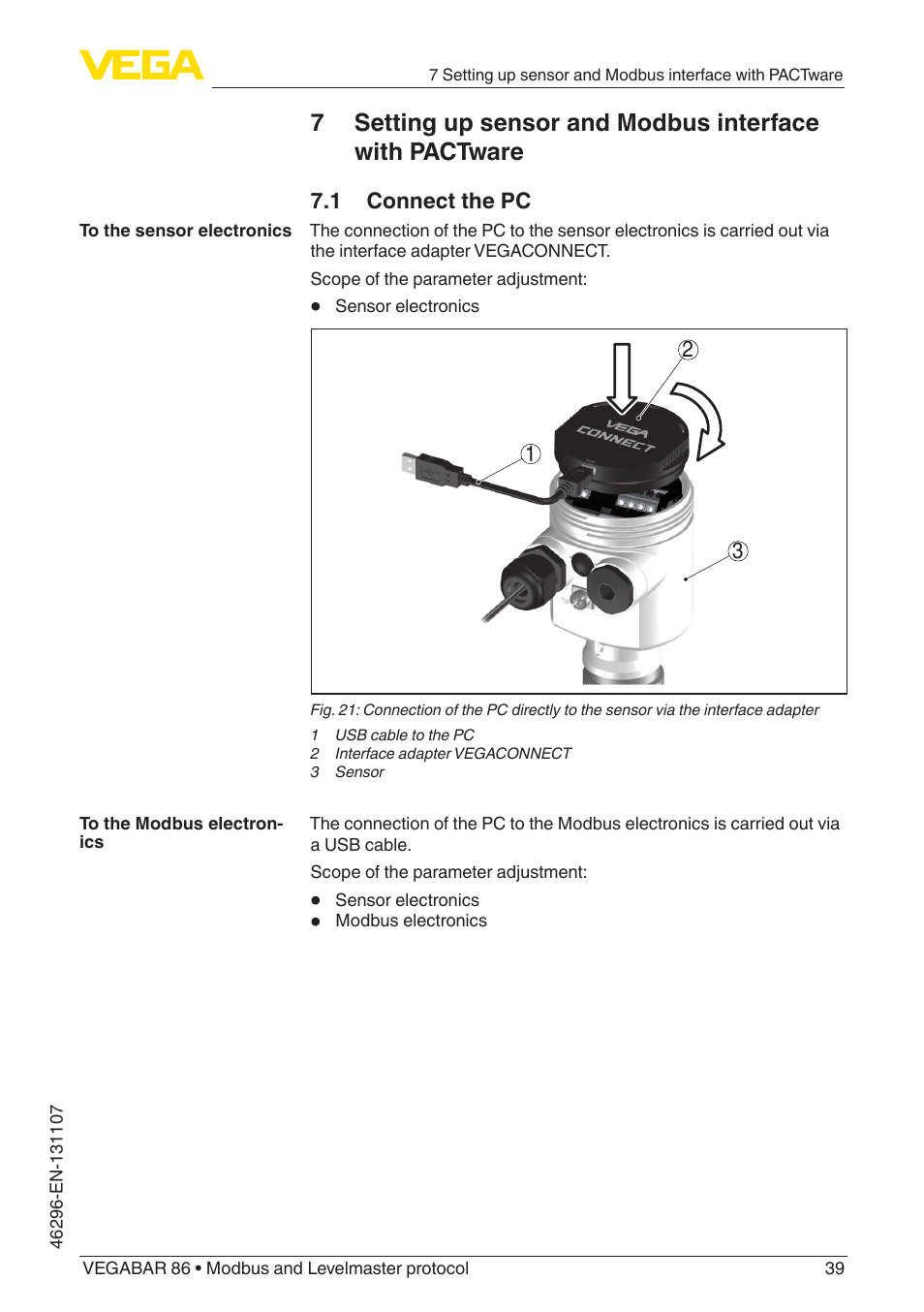 1 connect the pc | VEGA VEGABAR 86 Modbus and Levelmaster protocol - Operating Instructions User Manual | Page 39 / 88