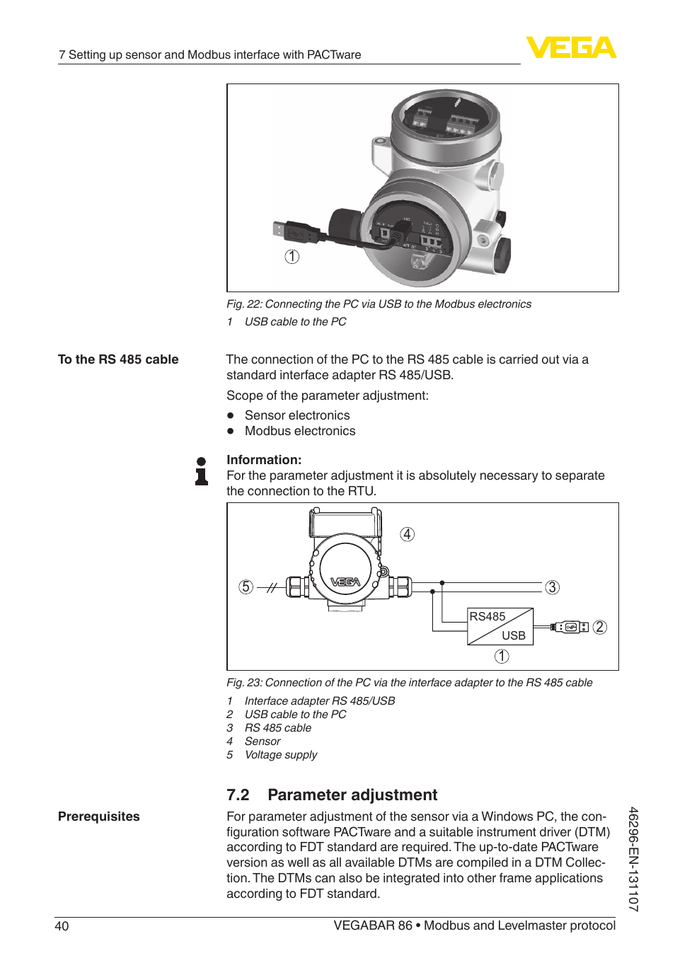 2 parameter adjustment | VEGA VEGABAR 86 Modbus and Levelmaster protocol - Operating Instructions User Manual | Page 40 / 88