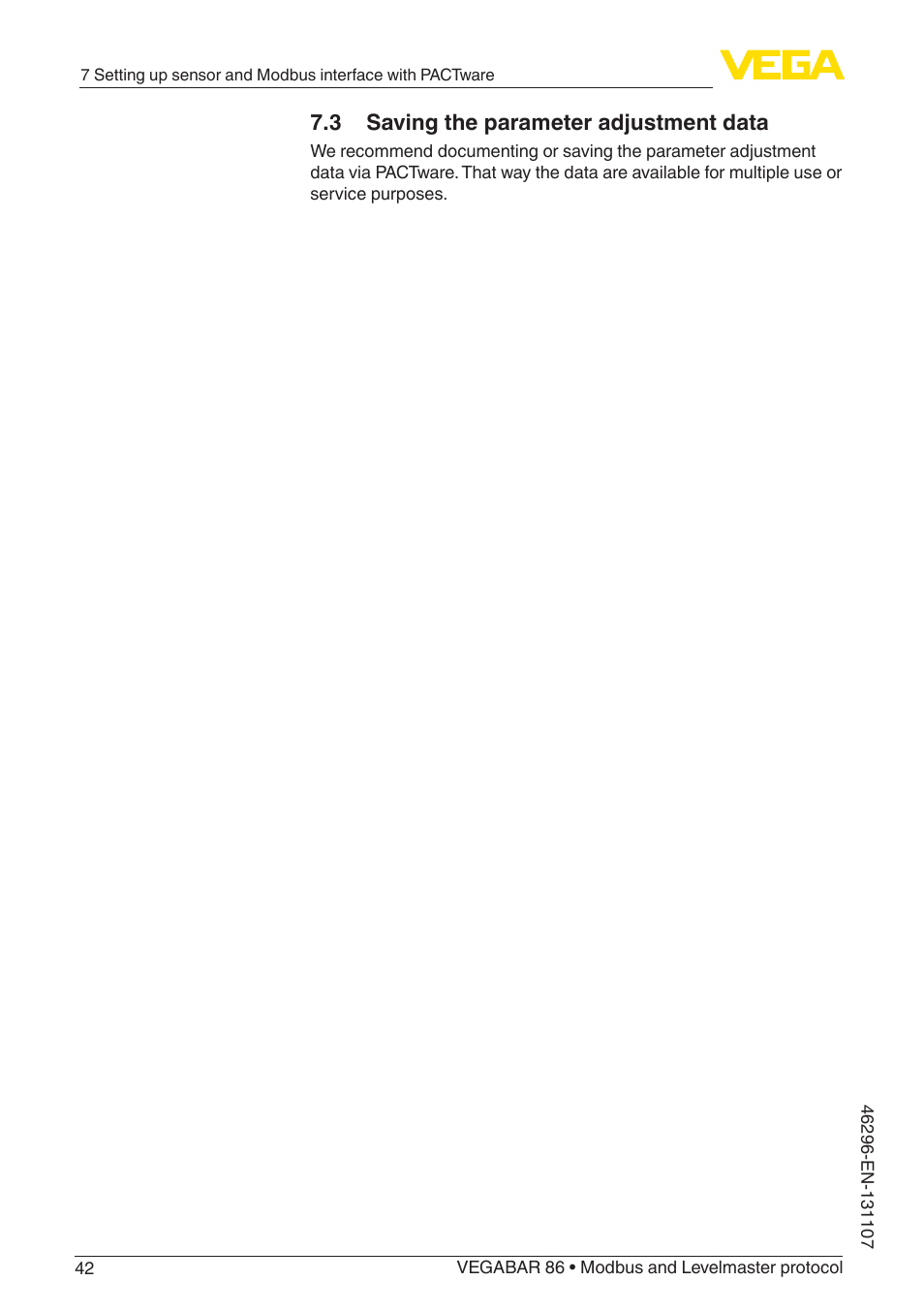 3 saving the parameter adjustment data | VEGA VEGABAR 86 Modbus and Levelmaster protocol - Operating Instructions User Manual | Page 42 / 88