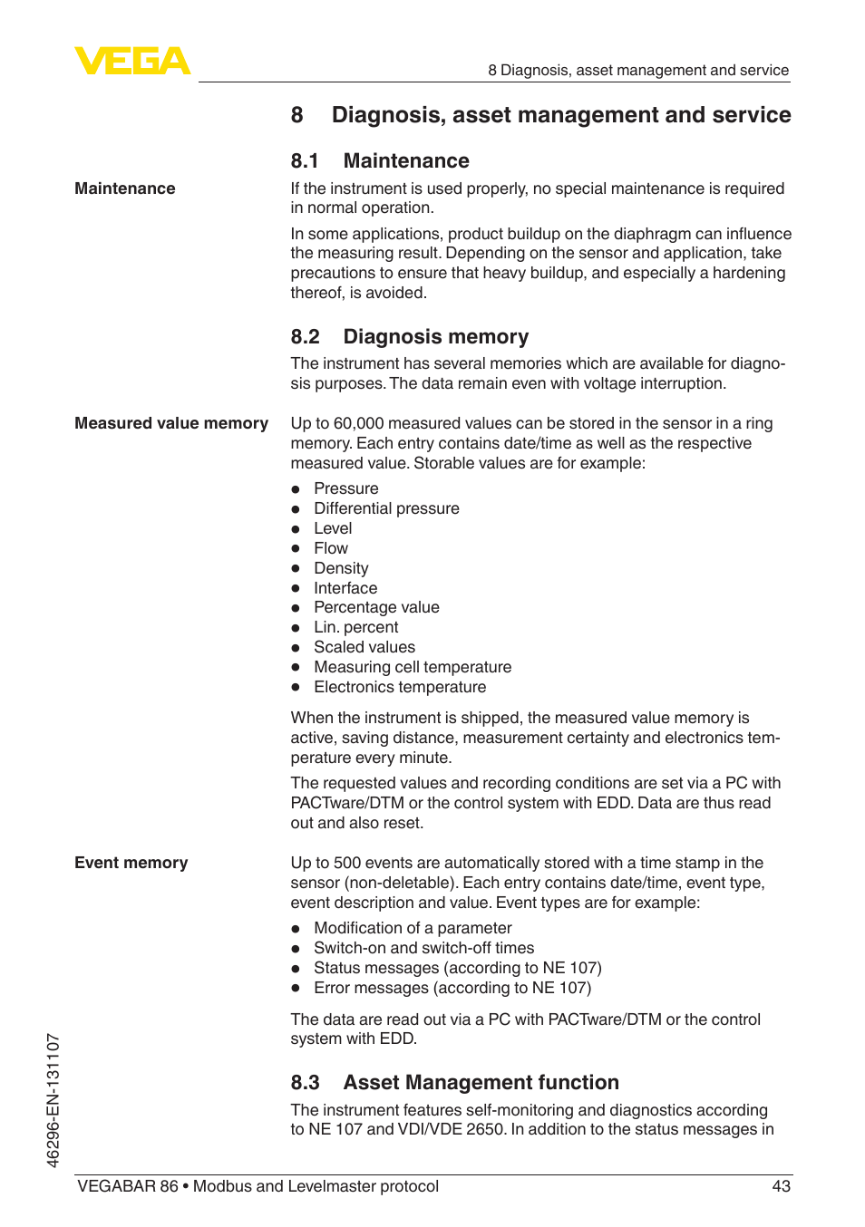 8 diagnosis, asset management and service, 1 maintenance, 2 diagnosis memory | 3 asset management function | VEGA VEGABAR 86 Modbus and Levelmaster protocol - Operating Instructions User Manual | Page 43 / 88