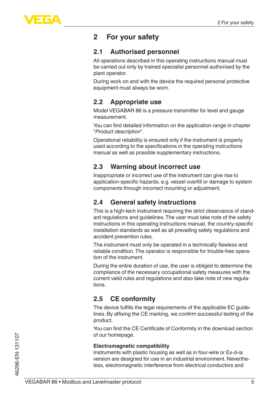 2 for your safety, 1 authorised personnel, 2 appropriate use | 3 warning about incorrect use, 4 general safety instructions, 5 ce conformity | VEGA VEGABAR 86 Modbus and Levelmaster protocol - Operating Instructions User Manual | Page 5 / 88