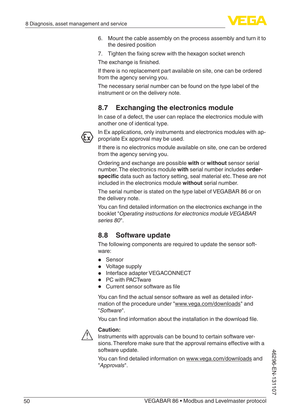 7 exchanging the electronics module, 8 software update | VEGA VEGABAR 86 Modbus and Levelmaster protocol - Operating Instructions User Manual | Page 50 / 88