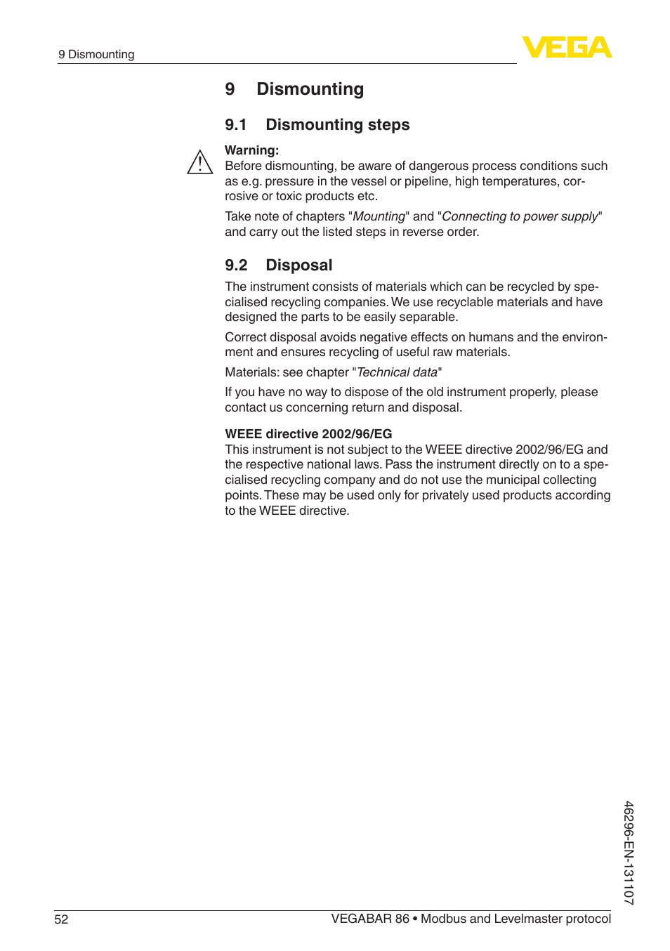 9 dismounting, 1 dismounting steps, 2 disposal | VEGA VEGABAR 86 Modbus and Levelmaster protocol - Operating Instructions User Manual | Page 52 / 88