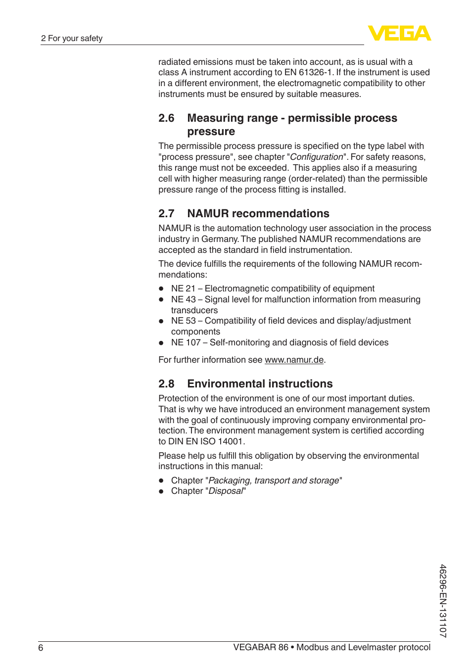 6 measuring range - permissible process pressure, 7 namur recommendations, 8 environmental instructions | VEGA VEGABAR 86 Modbus and Levelmaster protocol - Operating Instructions User Manual | Page 6 / 88