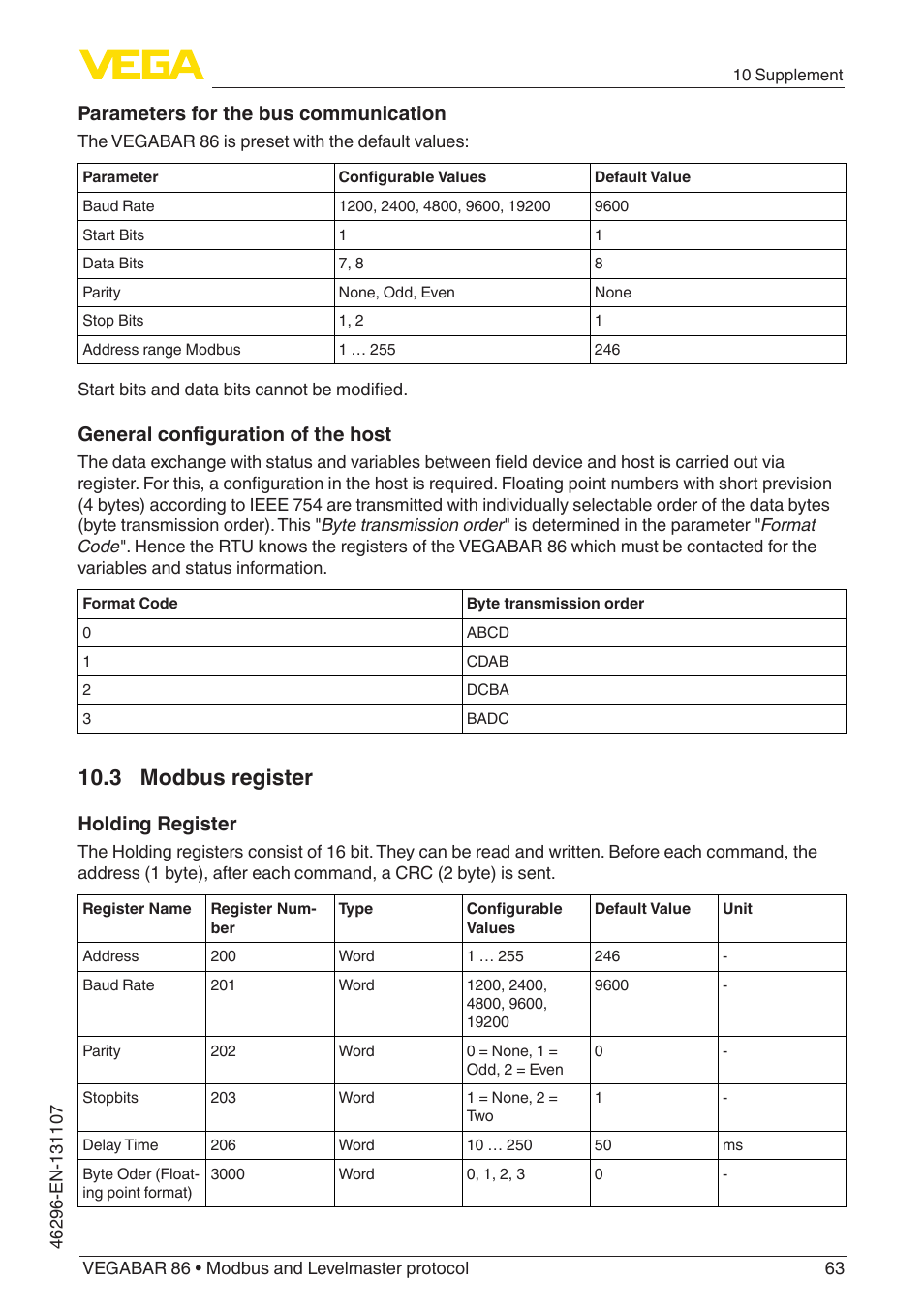 3 modbus register, Parameters for the bus communication, General configuration of the host | Holding register | VEGA VEGABAR 86 Modbus and Levelmaster protocol - Operating Instructions User Manual | Page 63 / 88