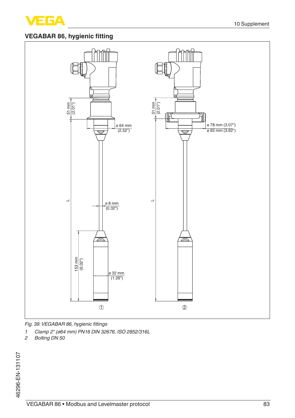 Vegabar 86, hygienic fitting | VEGA VEGABAR 86 Modbus and Levelmaster protocol - Operating Instructions User Manual | Page 83 / 88