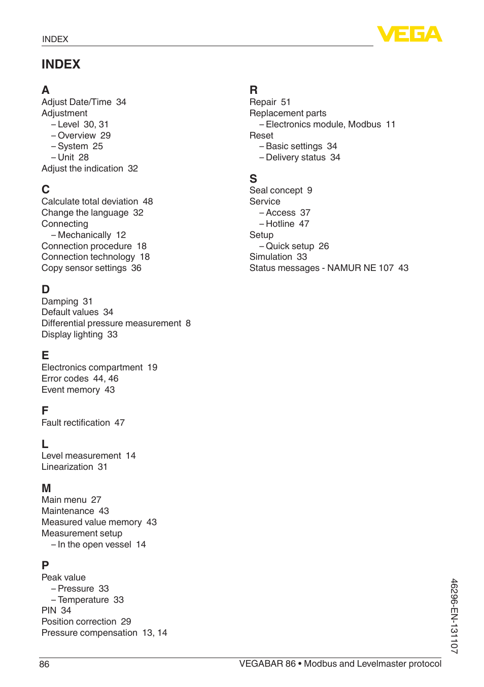 Index | VEGA VEGABAR 86 Modbus and Levelmaster protocol - Operating Instructions User Manual | Page 86 / 88