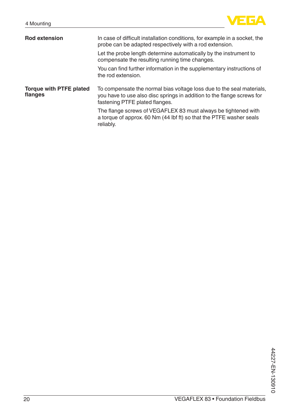 VEGA VEGAFLEX 83 Foundation Fieldbus PFA insulated User Manual | Page 20 / 100