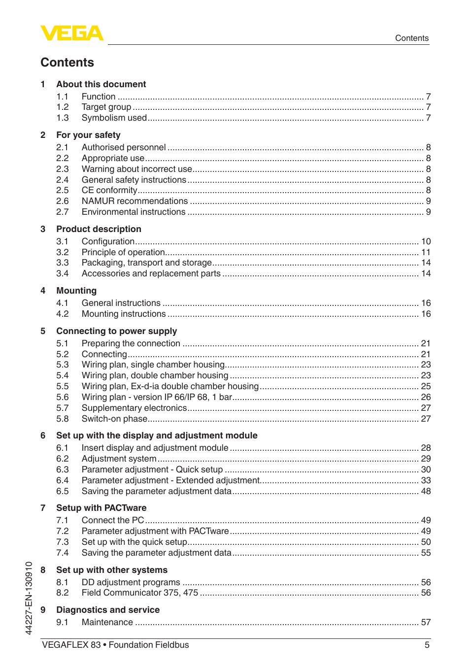 VEGA VEGAFLEX 83 Foundation Fieldbus PFA insulated User Manual | Page 5 / 100