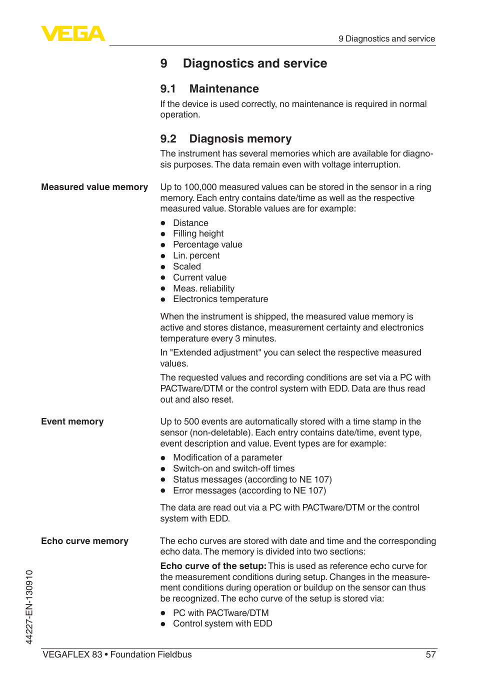 9 diagnostics and service, 1 maintenance, 2 diagnosis memory | VEGA VEGAFLEX 83 Foundation Fieldbus PFA insulated User Manual | Page 57 / 100