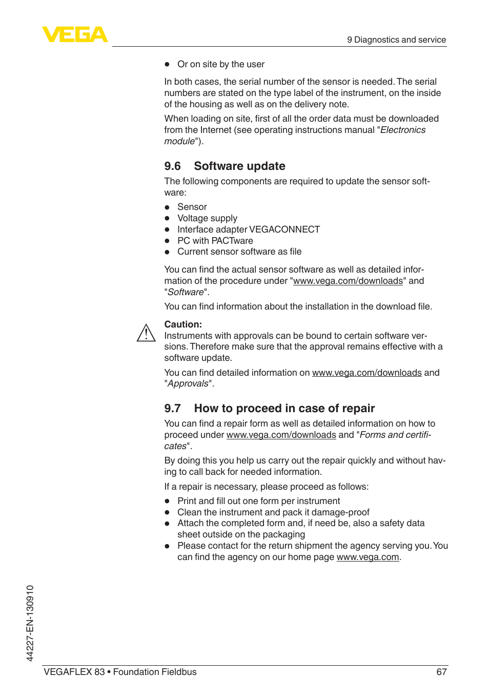 6 software update, 7 how to proceed in case of repair | VEGA VEGAFLEX 83 Foundation Fieldbus PFA insulated User Manual | Page 67 / 100