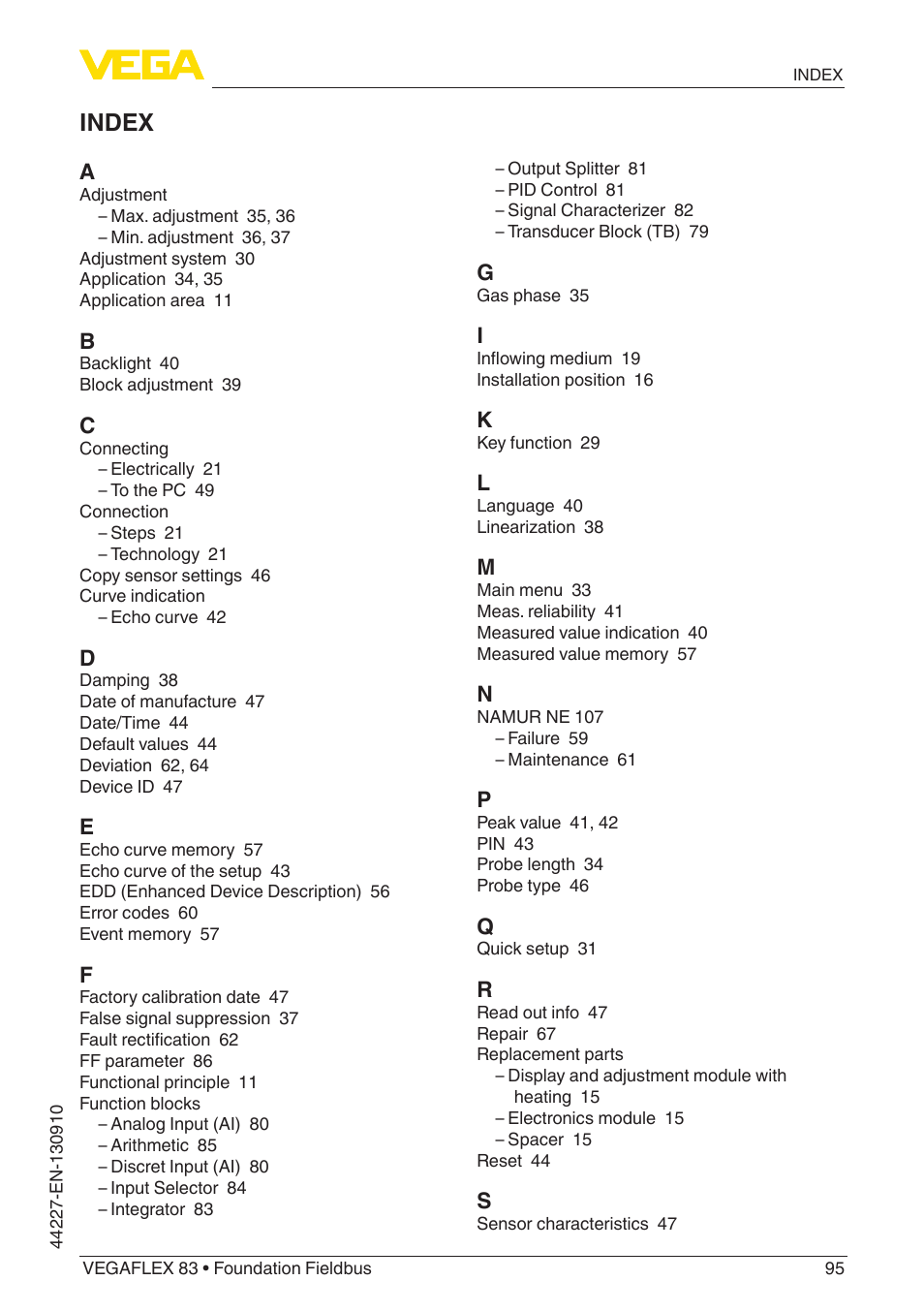 Index | VEGA VEGAFLEX 83 Foundation Fieldbus PFA insulated User Manual | Page 95 / 100
