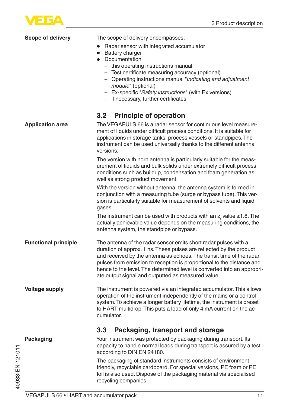 2 principle of operation, 3 packaging, transport and storage | VEGA VEGAPULS 66 (≥ 2.0.0 - ≥ 4.0.0) HART and accumulator pack User Manual | Page 11 / 68