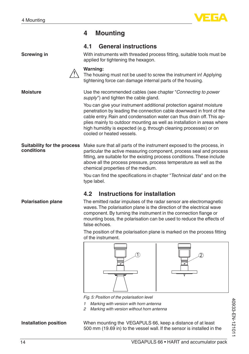 4 mounting, 1 general instructions, 2 instructions for installation | VEGA VEGAPULS 66 (≥ 2.0.0 - ≥ 4.0.0) HART and accumulator pack User Manual | Page 14 / 68