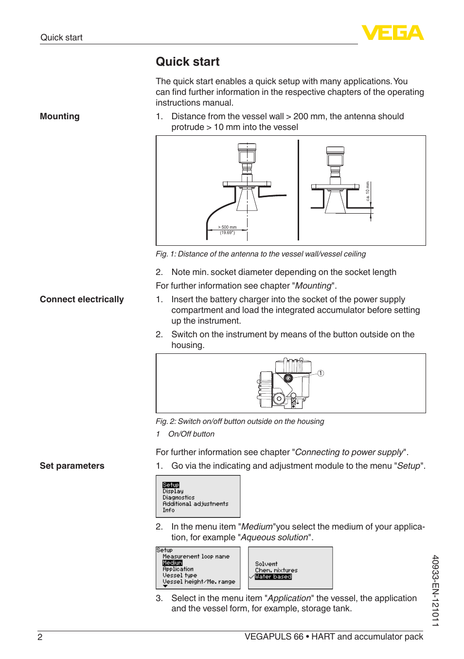 Quick start | VEGA VEGAPULS 66 (≥ 2.0.0 - ≥ 4.0.0) HART and accumulator pack User Manual | Page 2 / 68