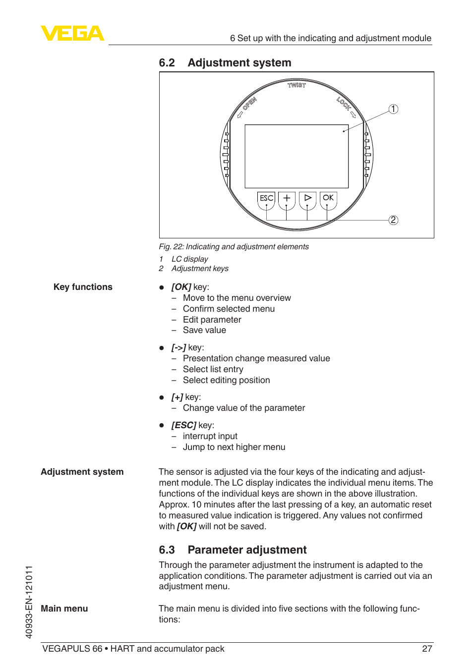 2 adjustment system, 3 parameter adjustment | VEGA VEGAPULS 66 (≥ 2.0.0 - ≥ 4.0.0) HART and accumulator pack User Manual | Page 27 / 68