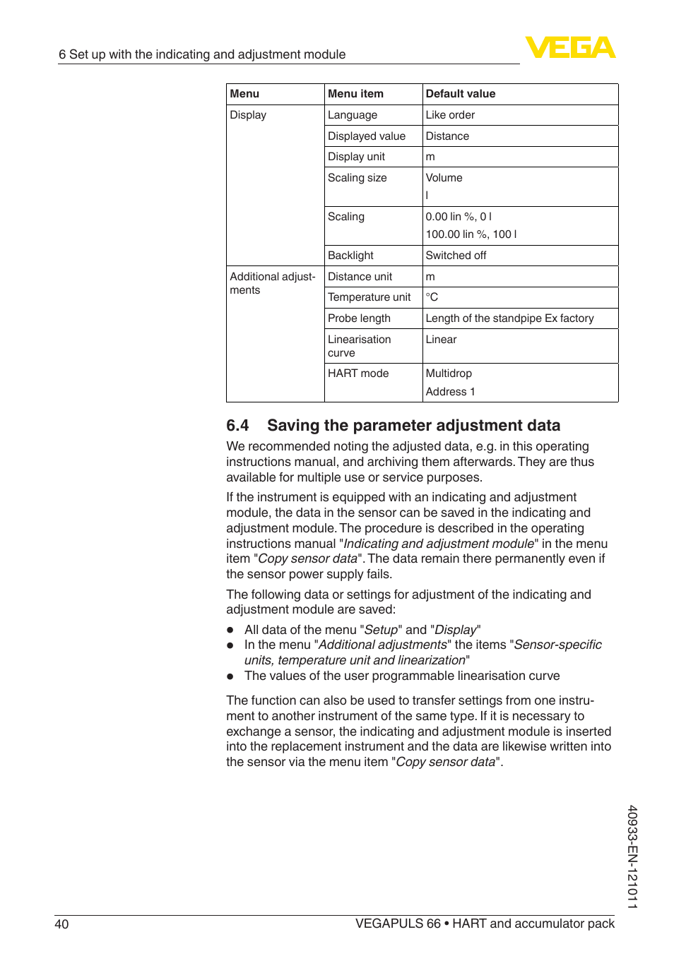 4 saving the parameter adjustment data | VEGA VEGAPULS 66 (≥ 2.0.0 - ≥ 4.0.0) HART and accumulator pack User Manual | Page 40 / 68