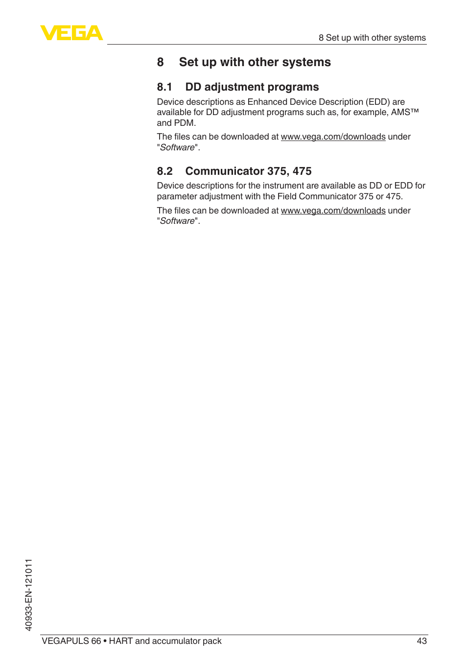 8 set up with other systems, 1 dd adjustment programs, 2 communicator 375, 475 | VEGA VEGAPULS 66 (≥ 2.0.0 - ≥ 4.0.0) HART and accumulator pack User Manual | Page 43 / 68