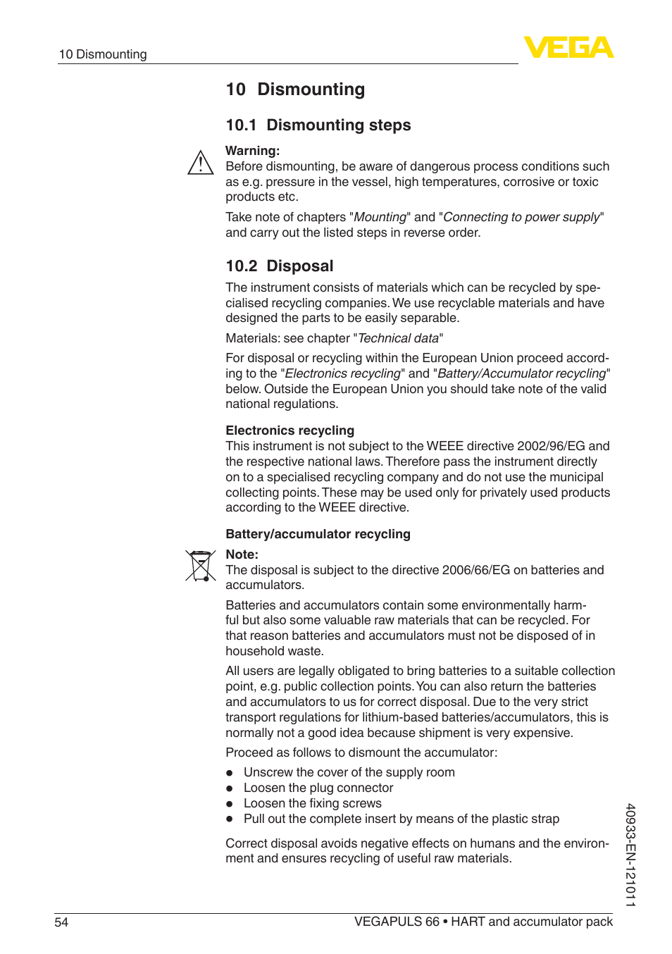 10 dismounting, 1 dismounting steps, 2 disposal | VEGA VEGAPULS 66 (≥ 2.0.0 - ≥ 4.0.0) HART and accumulator pack User Manual | Page 54 / 68