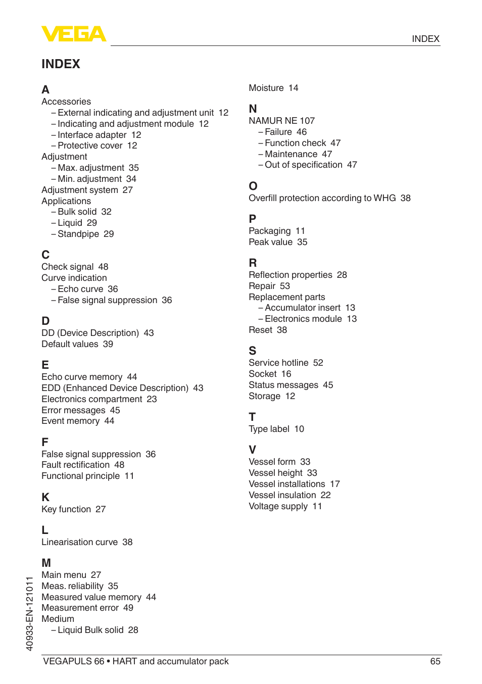 Index | VEGA VEGAPULS 66 (≥ 2.0.0 - ≥ 4.0.0) HART and accumulator pack User Manual | Page 65 / 68