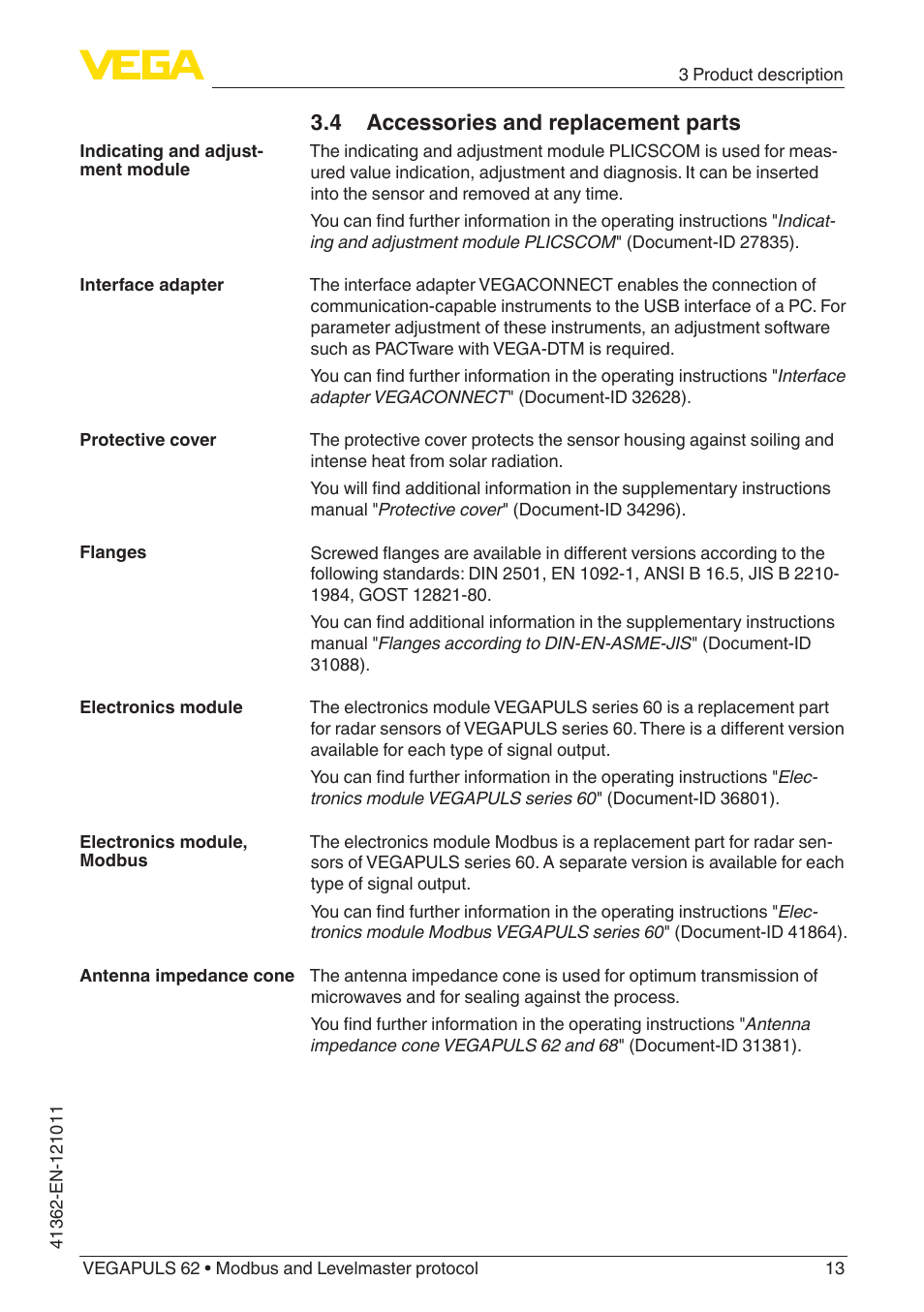 4 accessories and replacement parts | VEGA VEGAPULS 62 (≥ 2.0.0 - ≥ 4.0.0) Modbus and Levelmaster protocol User Manual | Page 13 / 88