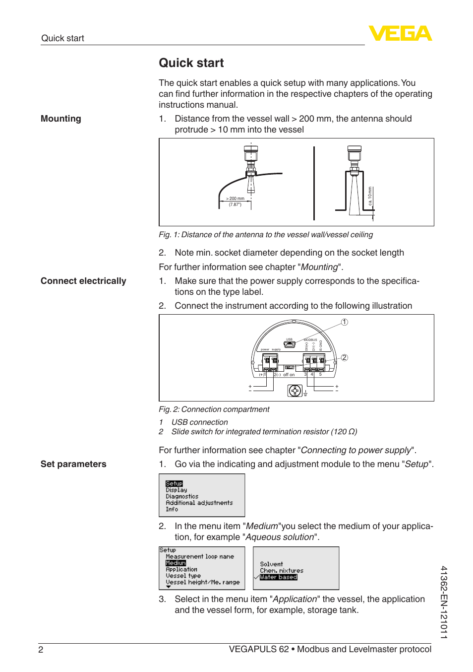 Quick start | VEGA VEGAPULS 62 (≥ 2.0.0 - ≥ 4.0.0) Modbus and Levelmaster protocol User Manual | Page 2 / 88