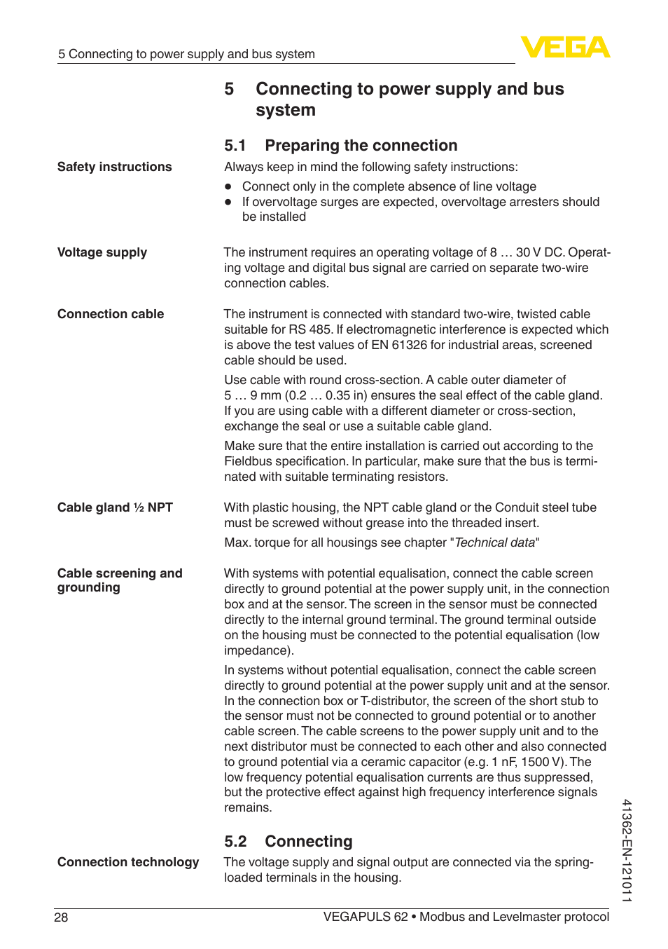 5 connecting to power supply and bus system, 1 preparing the connection, 2 connecting | VEGA VEGAPULS 62 (≥ 2.0.0 - ≥ 4.0.0) Modbus and Levelmaster protocol User Manual | Page 28 / 88