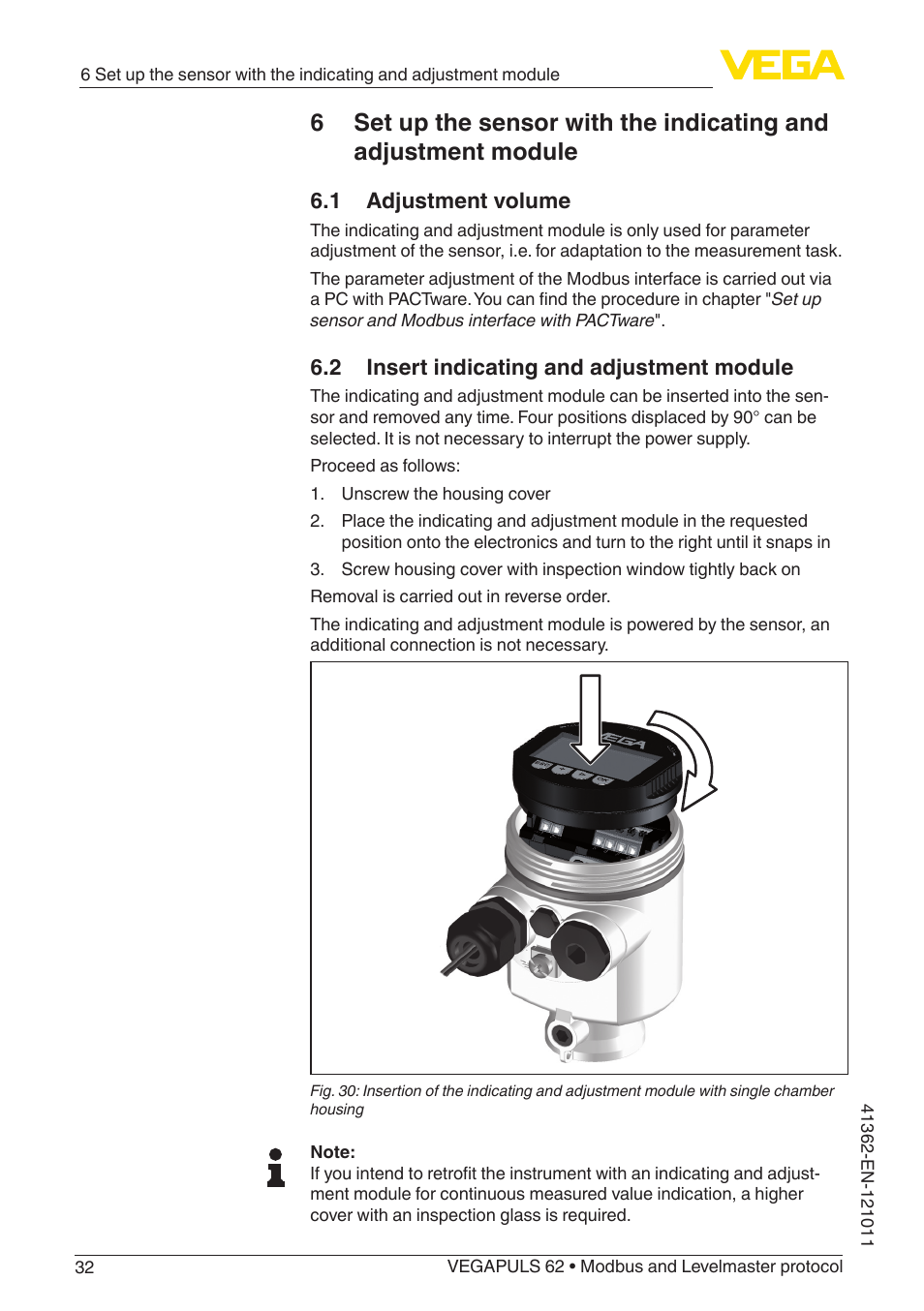 1 adjustment volume, 2 insert indicating and adjustment module | VEGA VEGAPULS 62 (≥ 2.0.0 - ≥ 4.0.0) Modbus and Levelmaster protocol User Manual | Page 32 / 88