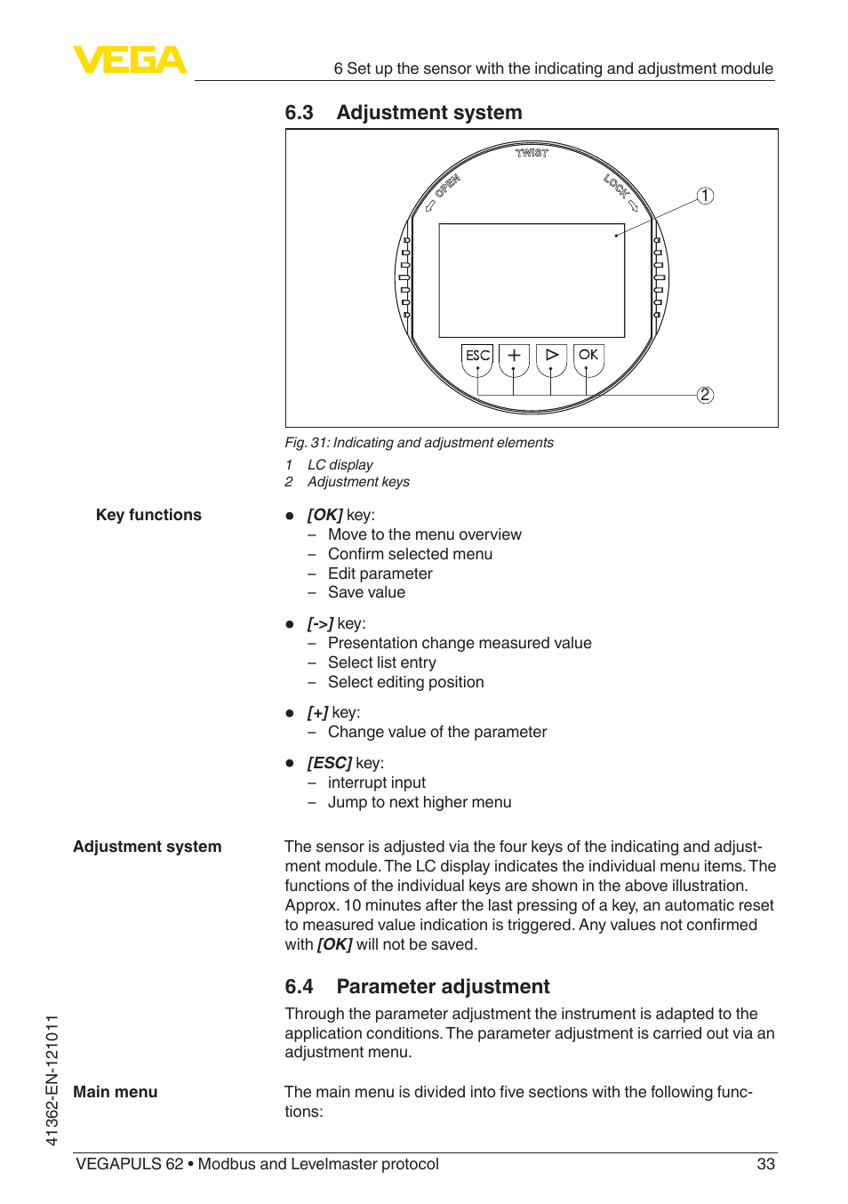 3 adjustment system, 4 parameter adjustment | VEGA VEGAPULS 62 (≥ 2.0.0 - ≥ 4.0.0) Modbus and Levelmaster protocol User Manual | Page 33 / 88