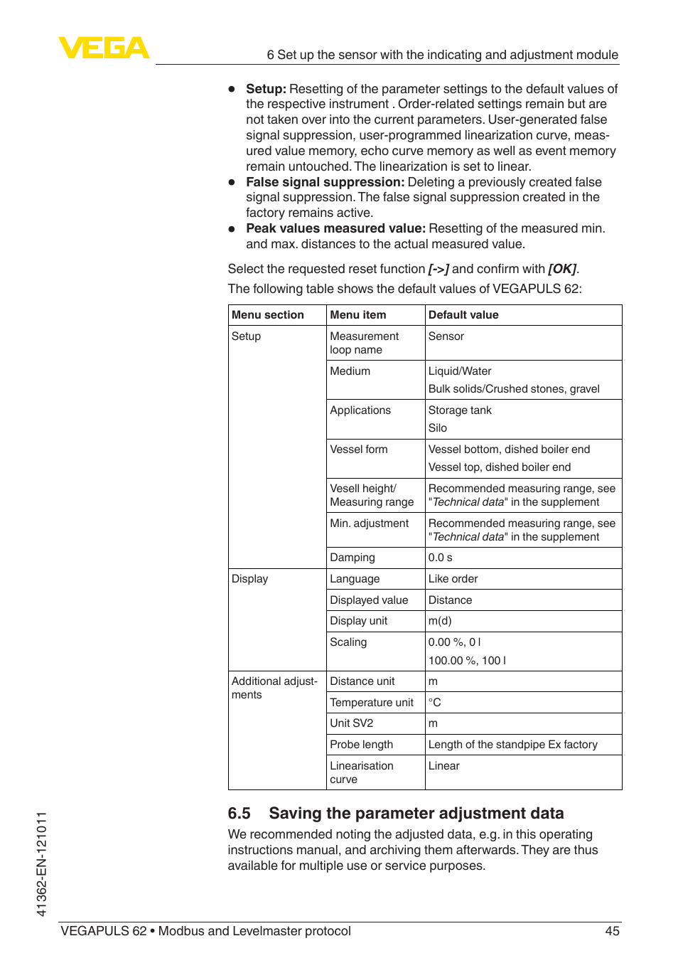 5 saving the parameter adjustment data | VEGA VEGAPULS 62 (≥ 2.0.0 - ≥ 4.0.0) Modbus and Levelmaster protocol User Manual | Page 45 / 88