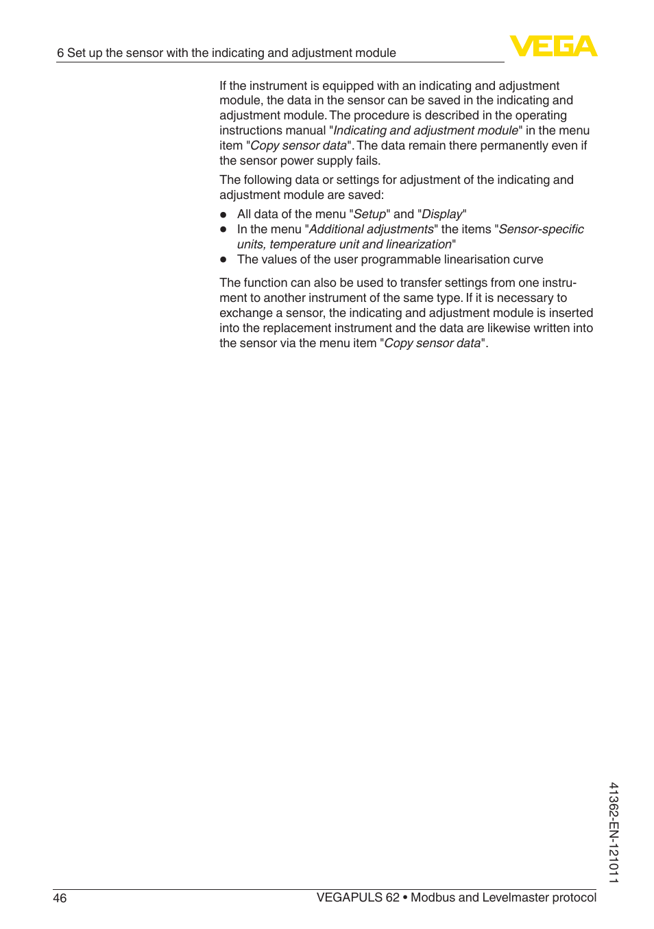 VEGA VEGAPULS 62 (≥ 2.0.0 - ≥ 4.0.0) Modbus and Levelmaster protocol User Manual | Page 46 / 88