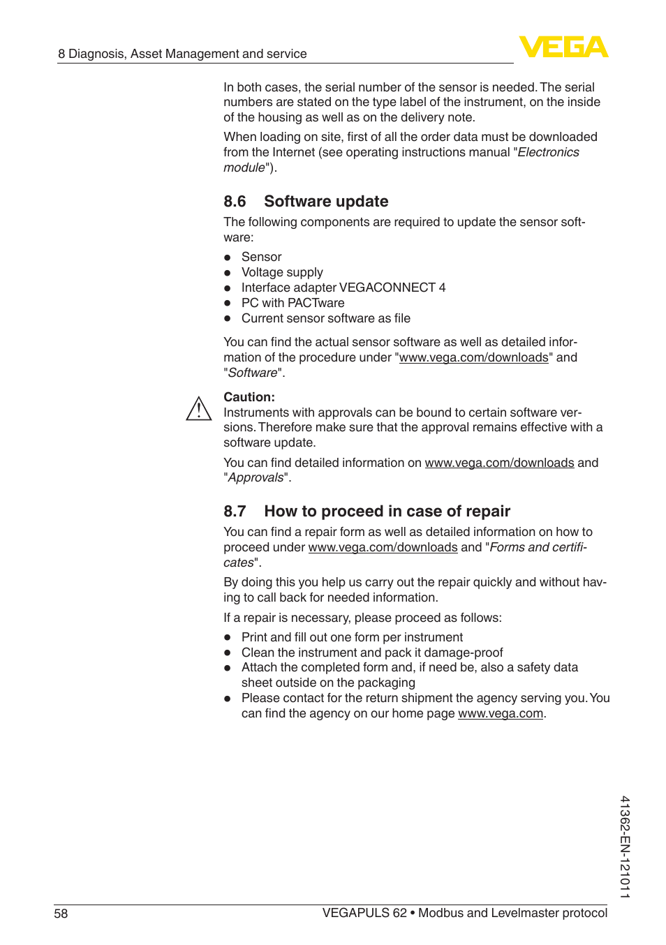 6 software update, 7 how to proceed in case of repair | VEGA VEGAPULS 62 (≥ 2.0.0 - ≥ 4.0.0) Modbus and Levelmaster protocol User Manual | Page 58 / 88