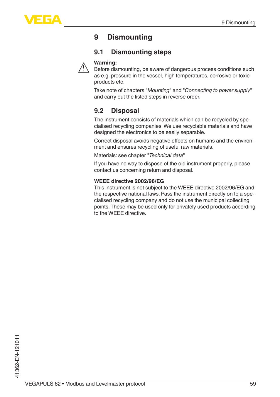 9 dismounting, 1 dismounting steps, 2 disposal | VEGA VEGAPULS 62 (≥ 2.0.0 - ≥ 4.0.0) Modbus and Levelmaster protocol User Manual | Page 59 / 88