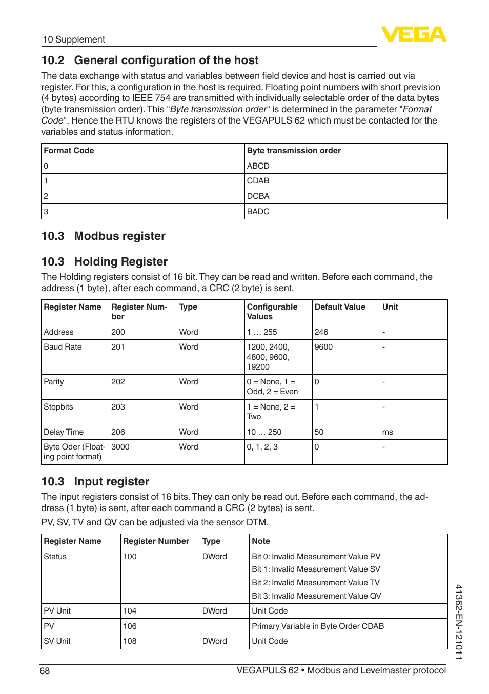 3 modbus register, 2 general configuration of the host, 3 holding register | 3 input register, 3 modbus register 10.3 holding register | VEGA VEGAPULS 62 (≥ 2.0.0 - ≥ 4.0.0) Modbus and Levelmaster protocol User Manual | Page 68 / 88