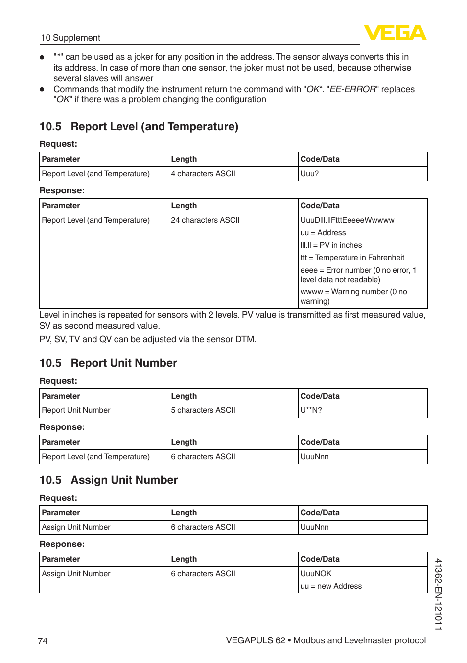 5 report level (and temperature), 5 report unit number, 5 assign unit number | VEGA VEGAPULS 62 (≥ 2.0.0 - ≥ 4.0.0) Modbus and Levelmaster protocol User Manual | Page 74 / 88