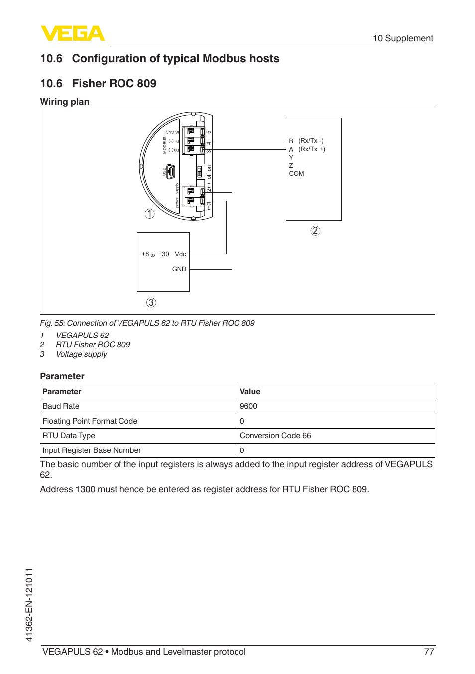 6 configuration of typical modbus hosts, 6 fisher roc 809, Wiring plan | Parameter | VEGA VEGAPULS 62 (≥ 2.0.0 - ≥ 4.0.0) Modbus and Levelmaster protocol User Manual | Page 77 / 88