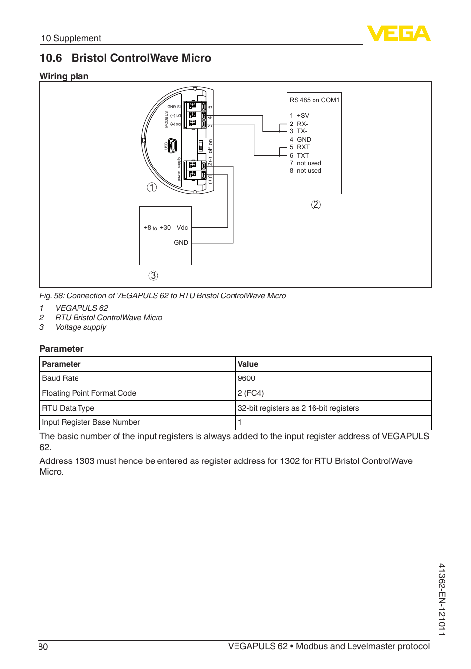 6 bristol controlwave micro, Wiring plan, Parameter | VEGA VEGAPULS 62 (≥ 2.0.0 - ≥ 4.0.0) Modbus and Levelmaster protocol User Manual | Page 80 / 88