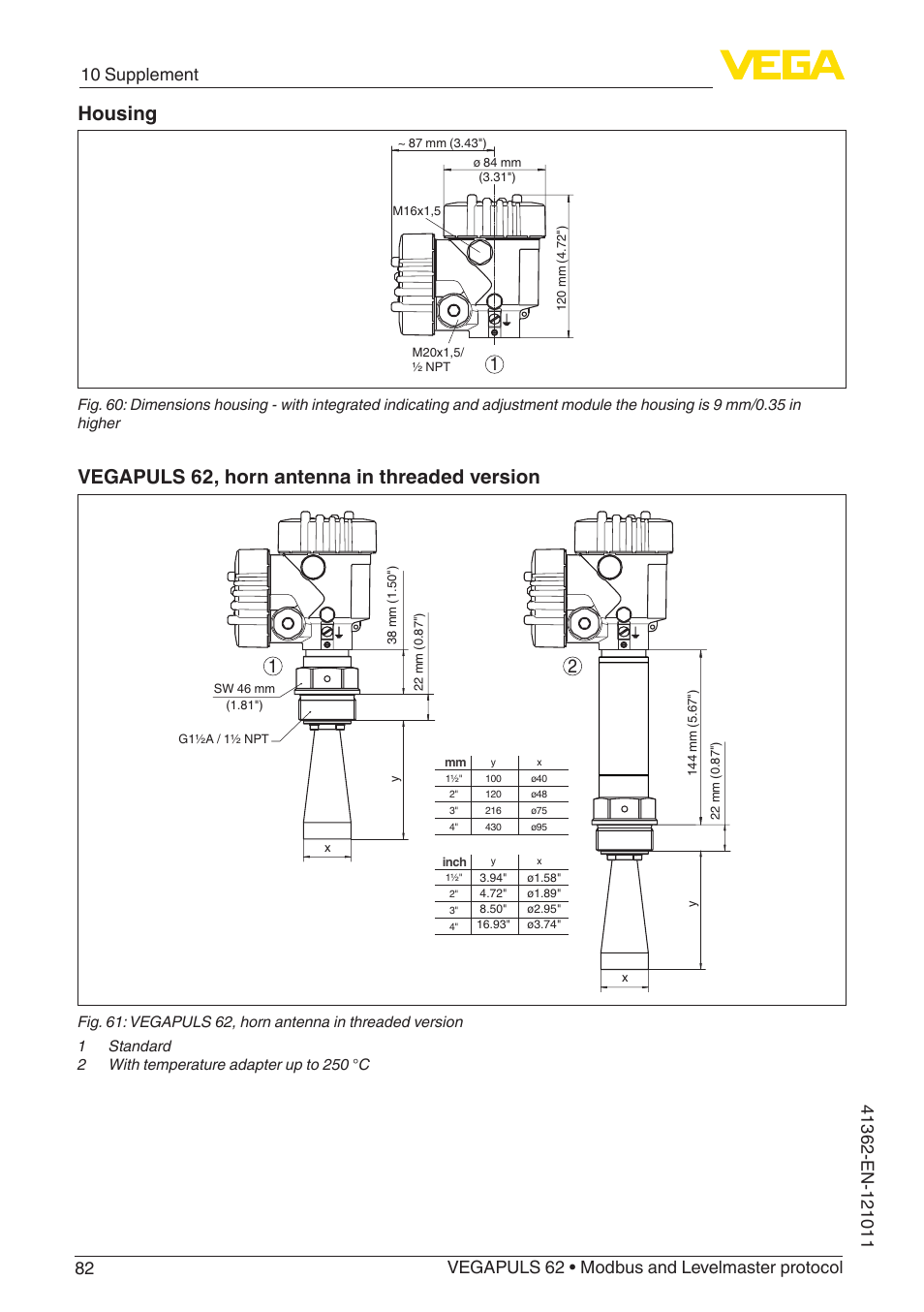 Housing, Vegapuls 62, horn antenna in threaded version | VEGA VEGAPULS 62 (≥ 2.0.0 - ≥ 4.0.0) Modbus and Levelmaster protocol User Manual | Page 82 / 88