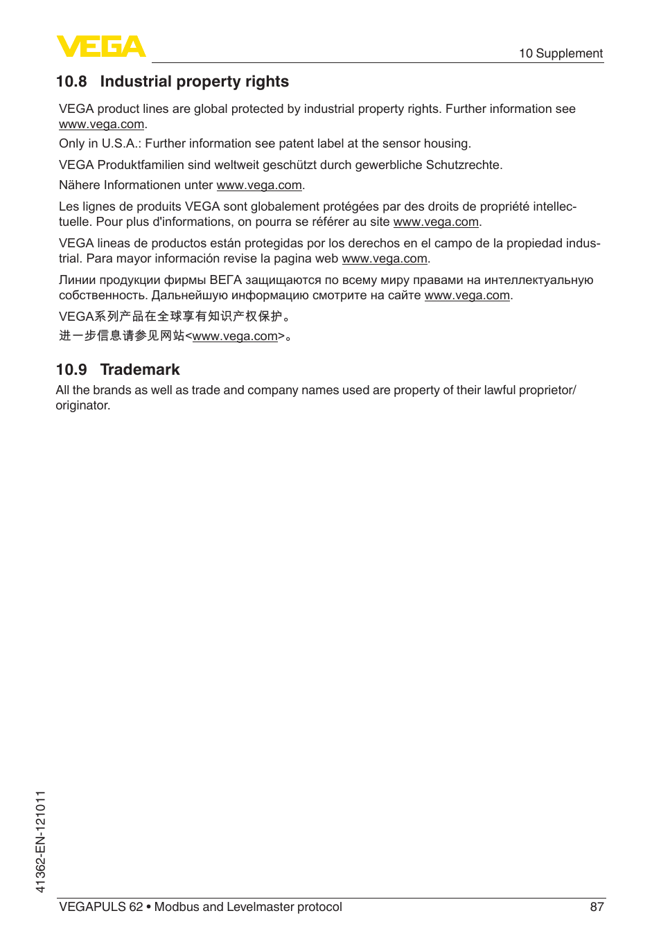 8 industrial property rights, 9 trademark | VEGA VEGAPULS 62 (≥ 2.0.0 - ≥ 4.0.0) Modbus and Levelmaster protocol User Manual | Page 87 / 88