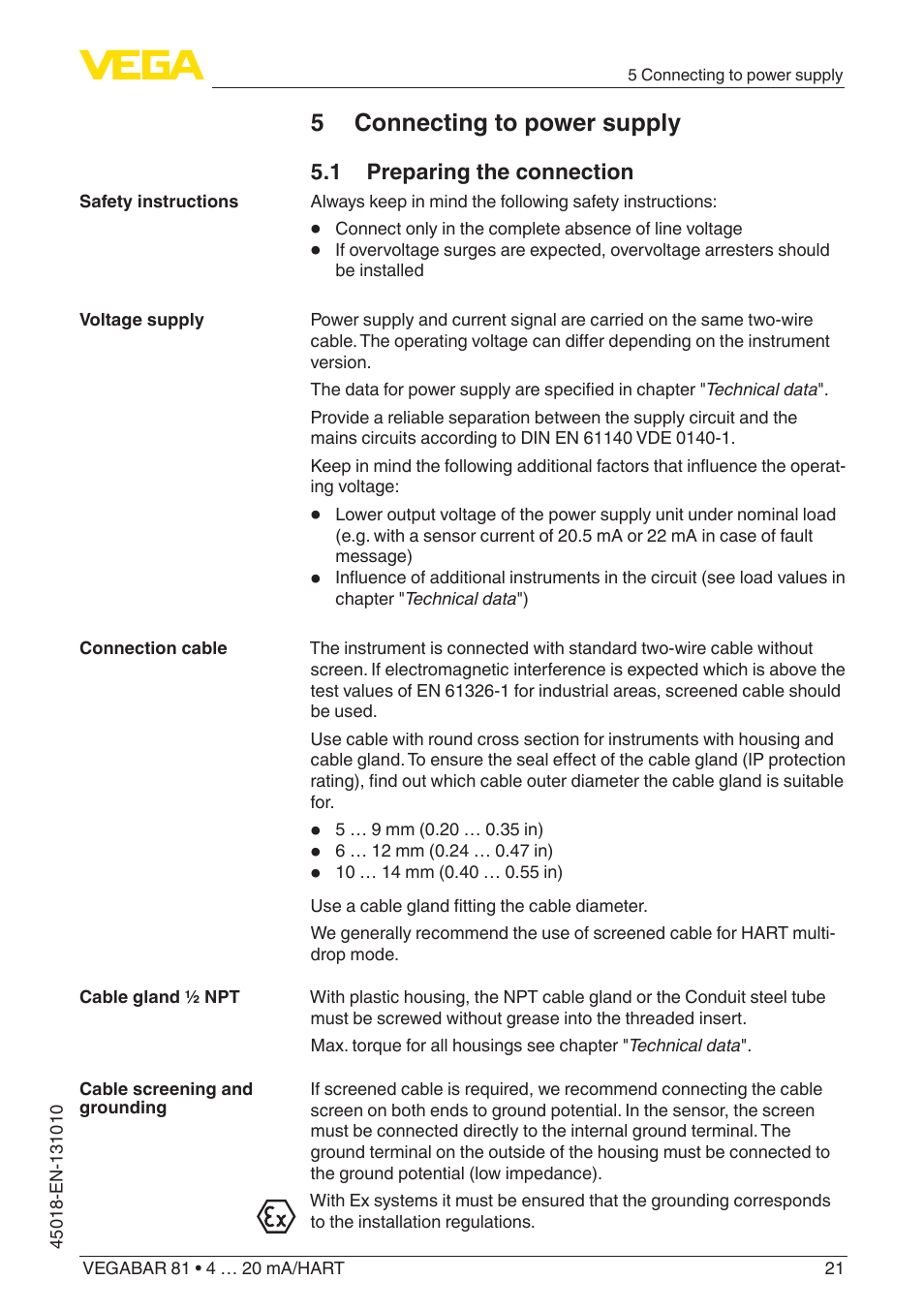 5 connecting to power supply, 1 preparing the connection | VEGA VEGABAR 81 4 … 20 mA_HART - Operating Instructions User Manual | Page 21 / 84